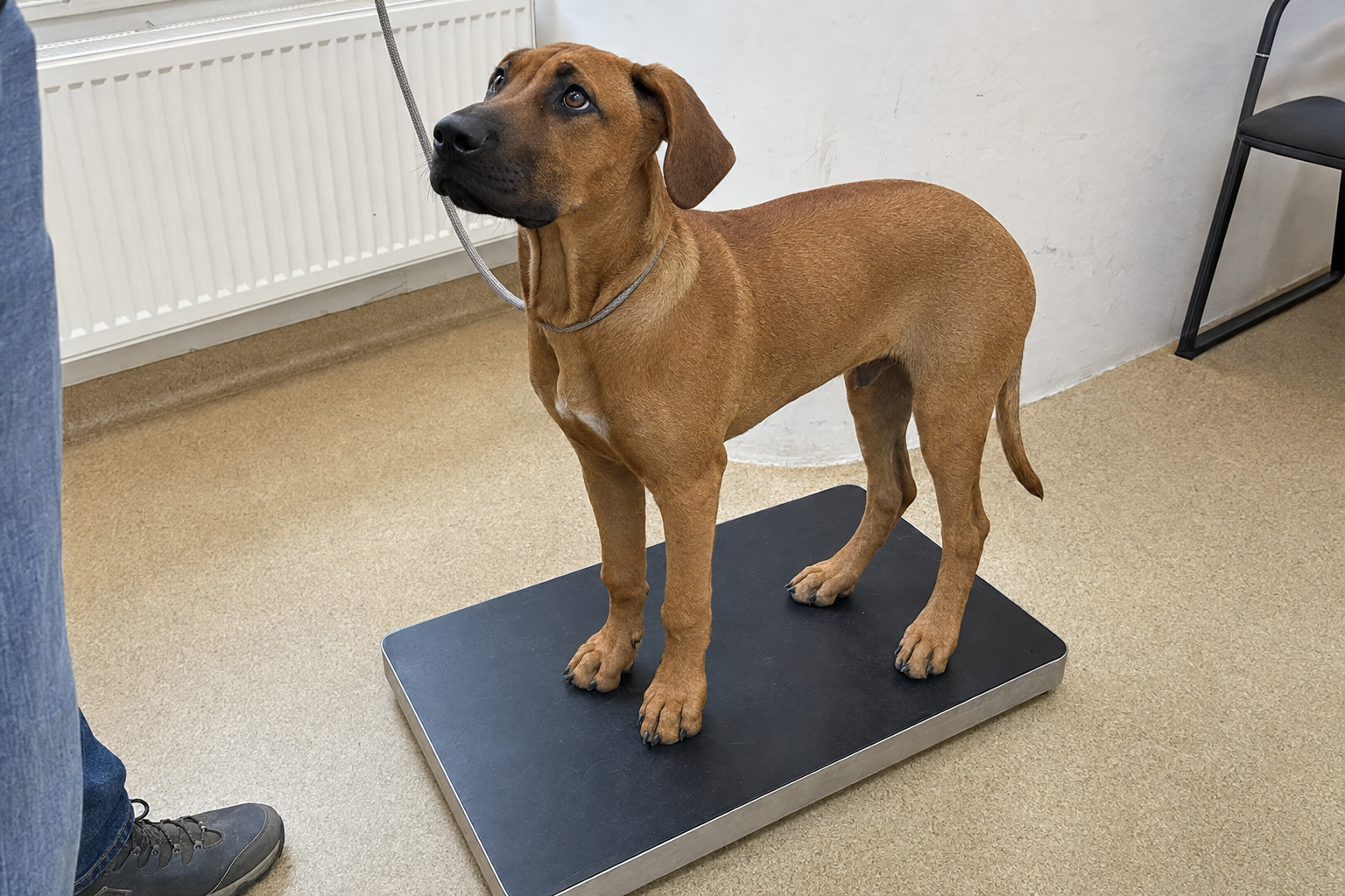 Mladý rhodéský ridgeback stojí na veterinární váze